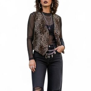 Vintage 80s Leopard Print Velvet Vest | Satin Back | M/L